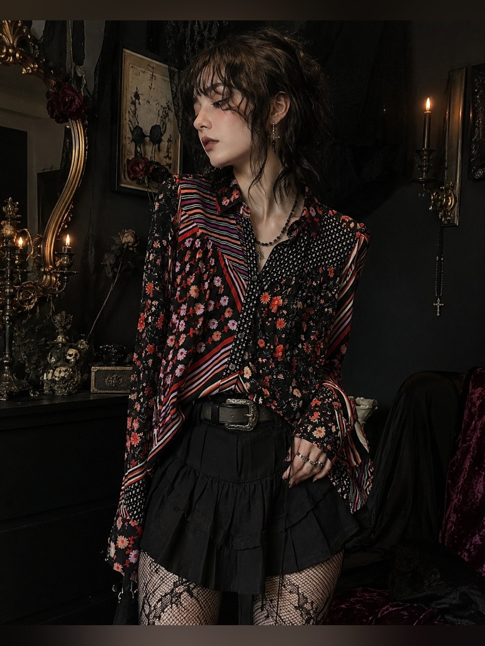 Free People Mixed Print Boho Button Up Blouse Patchwork Floral Top XS